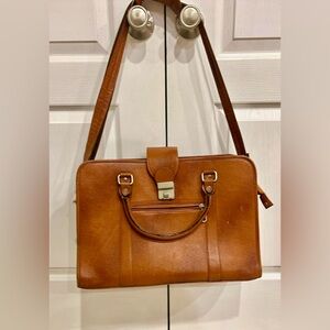 Vintage Tan Leather Briefcase Laptop Bag Multi-Compartment Amiet Hardware